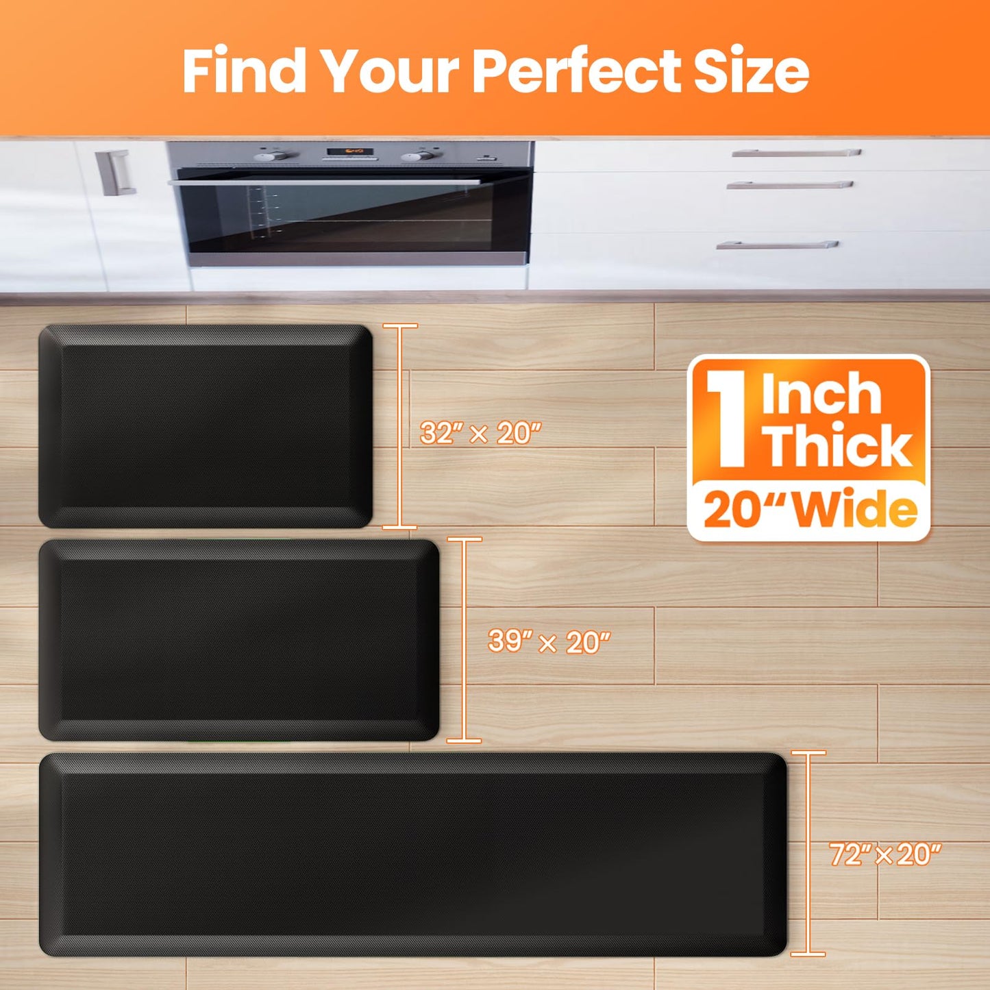 TranquilMoments Kitchen Mats for Floor, 1 Inch Extra-Thick Kitchen Rugs, Non-Slip & Waterproof Standing Desk Mat, Comfort Anti Fatigue Mats for Kitchen Floor, Home, Sink, Office (20" X 72", Black)
