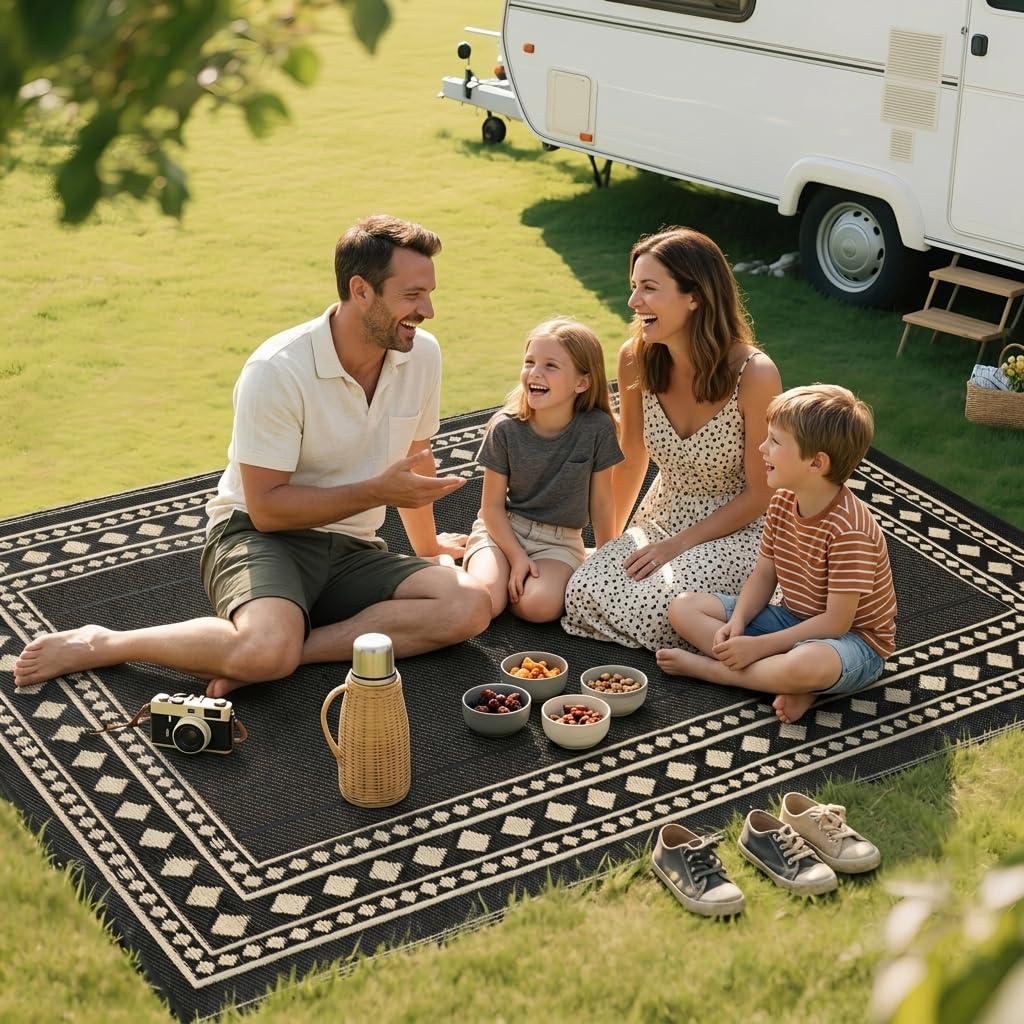 RURALITY Outdoor Rugs 6x9 Waterproof for Patios Clearance,Plastic Straw Mats for Backyard,Porch,Deck,Balcony,Black and Beige