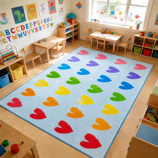 MAISONRINA Large Classroom Rugs Elementary, 13'x7'7'' Blue Hearts Classroom Rug for Kids, Circle Time Carpet Educational Rugs Area Rug Primary for Preschool Daycare Kindergarten Playroom,Seats 28