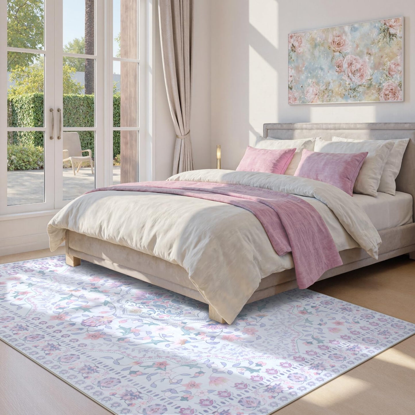 Wonnitar Floral Purple Rug for Bedroom, 8x10 Washable Rugs for Nursery Girls, Boho Low Pile Soft Non Slip Carpet for Dorm Living Room Playroom Home Decor, Pale Purple