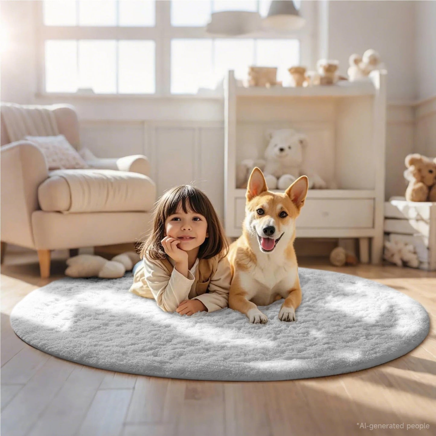 Ophanie Round Rug 6Ft White Circle Area Rug, Aesthetic Room Decor, Fluffy Fuzzy Bedroom Carpet, Plush Soft Shaggy Living Room Rugs for Kids Home, Nursery with Over 99 pcs Pile fibers