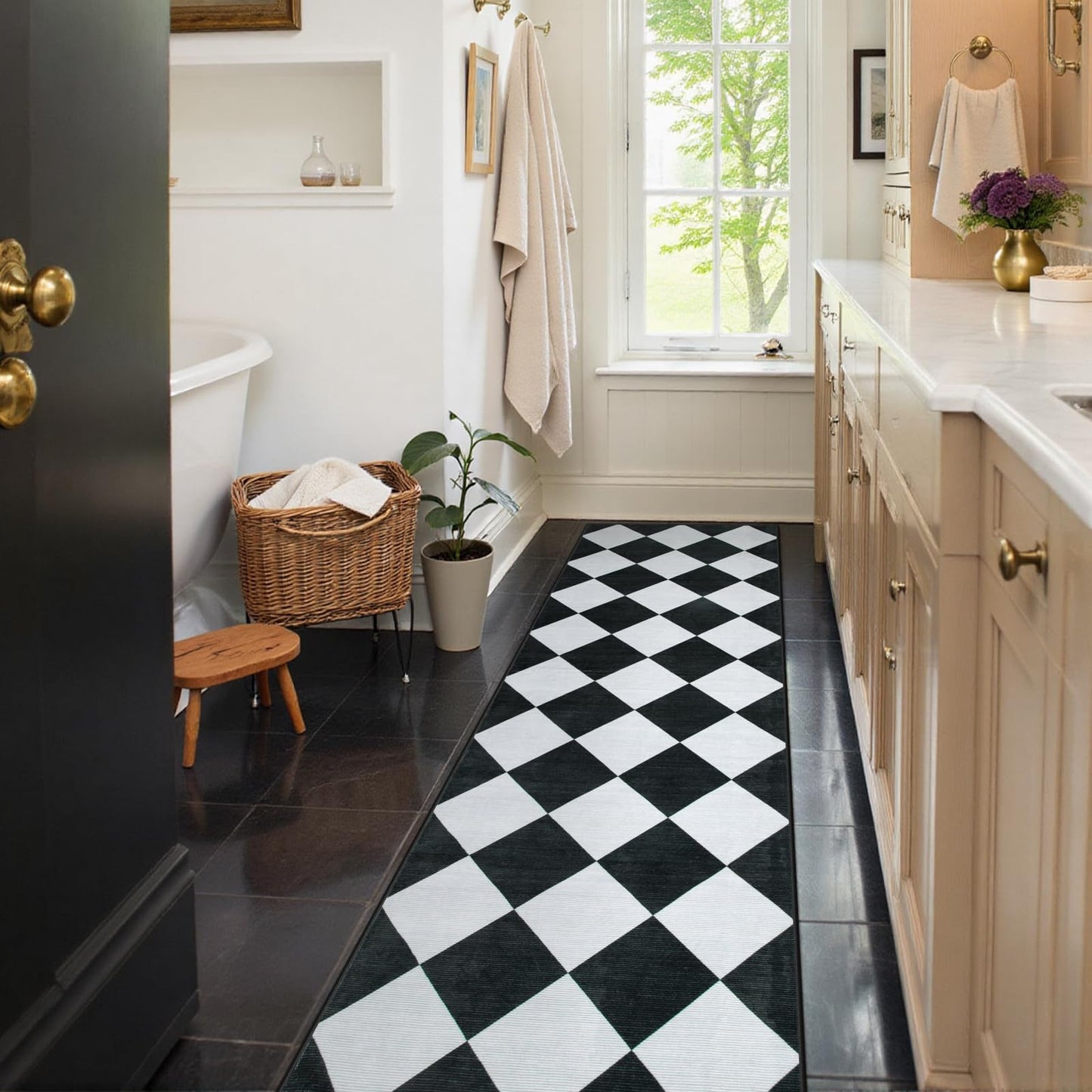Beeiva Checkered Print Runners for Hallways 2.5x8, Ultra Thin Black Kitchen Runners Non Skid Washable 8 ft, Modern Diamond Stain Resistant Low Pile Carpet for Bathroom Entryway Bedroom Laundry