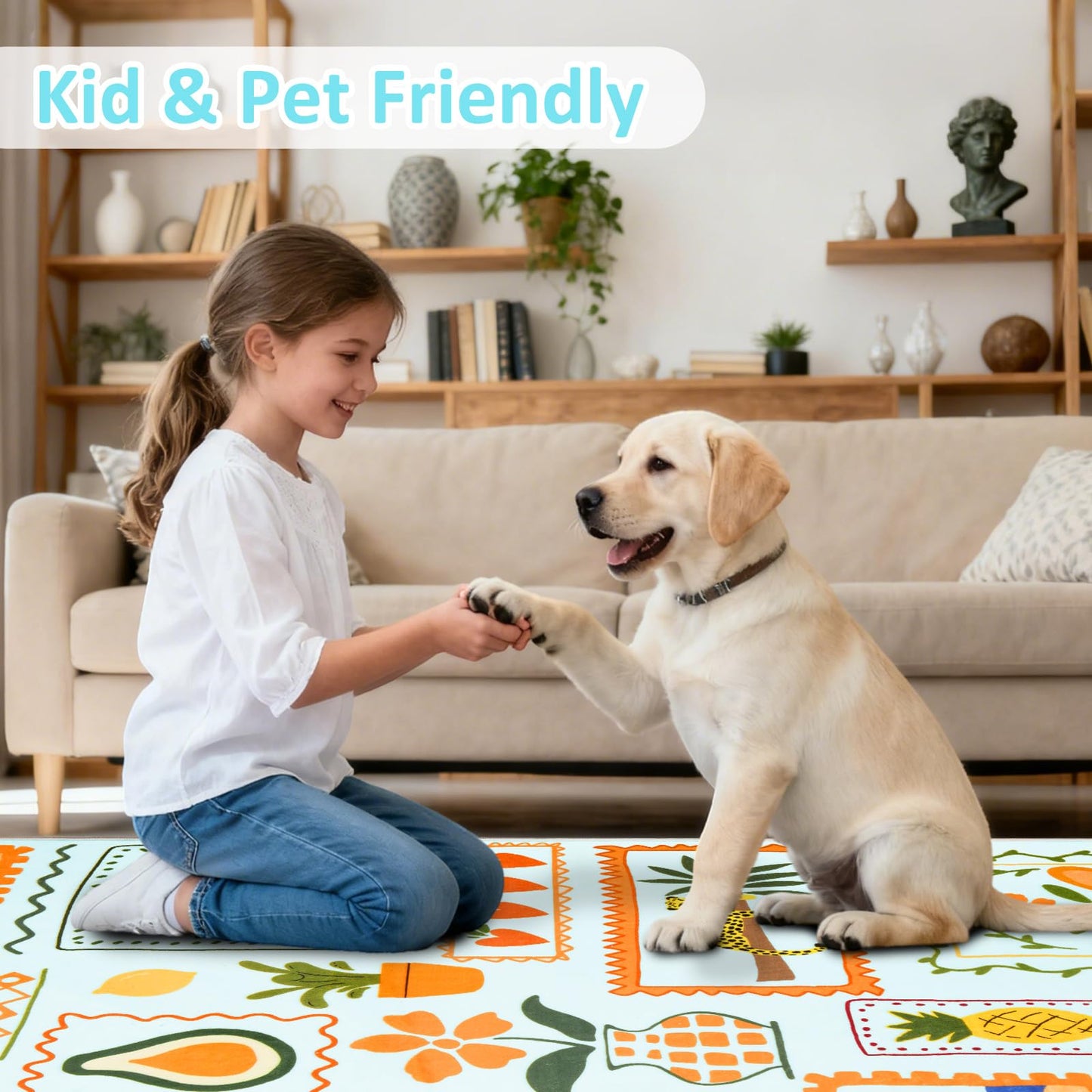 Instellar 5x7 Washable Kids Rug, Soft Low Pile Large Area Rugs with Non-Slip Plant & Animal Pattern Carpet for Nursery Bedroom Playroom Classroom Living Room,Light Blue