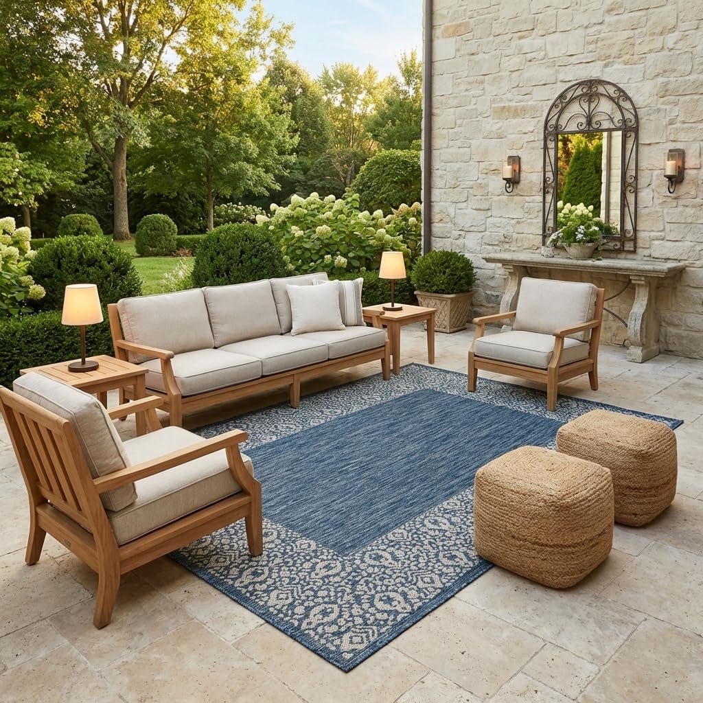 Unique Loom Outdoor Border Collection Area Rug - Floral Border (5' 1" x 8' Rectangle, Blue/ Ivory)