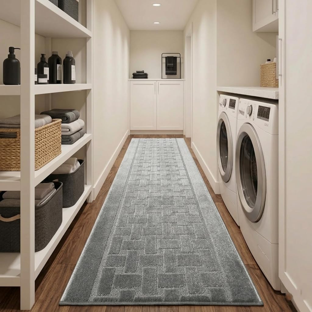 Runner Rug 15 ft, Non-Slip Washable Rug, Grey Textured Carpet for Kitchen Hallway Entryway, Rubber Backing, Indoor, Rolled in Box (26" x 15'), Custom Length Floor Runner