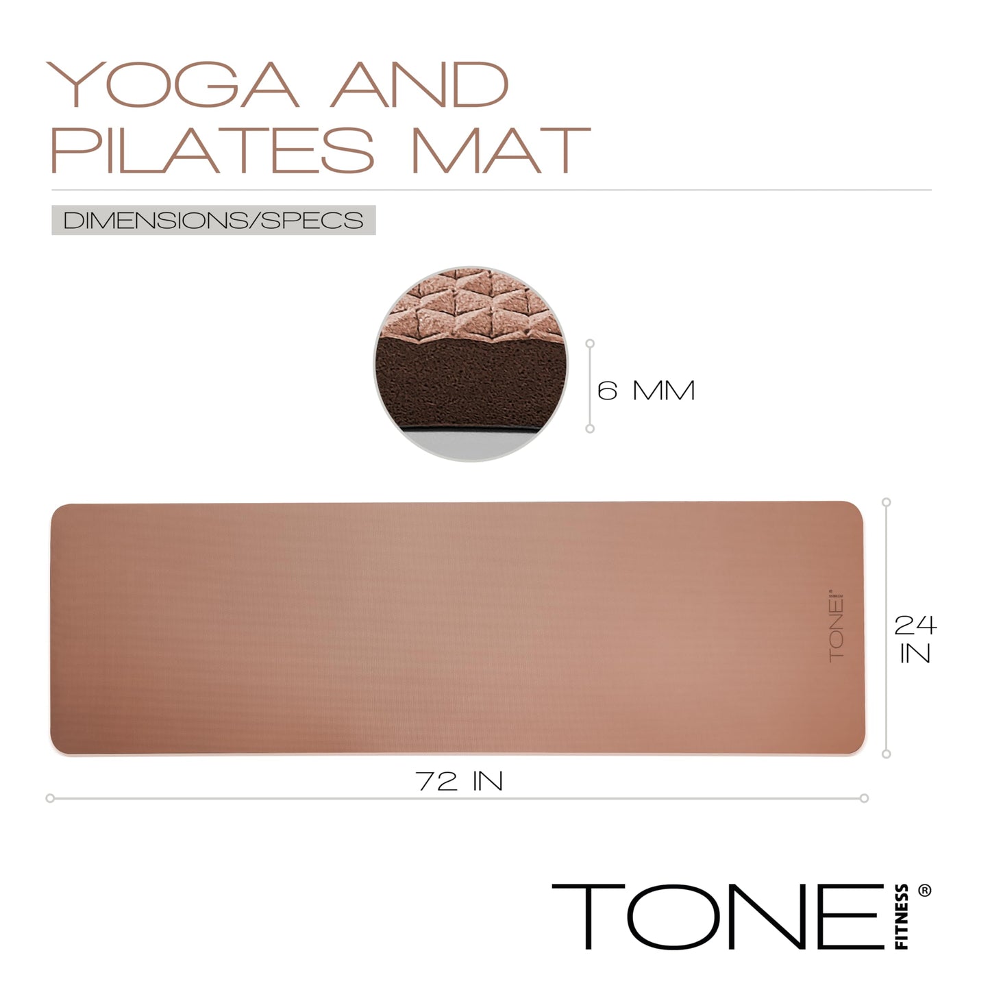 TONE Fitness Yoga Mat 1/4" Thick Non Slip Exercise & Pilates Mat for Home Workouts with Carrying Strap | Pyramid Pattern | Black