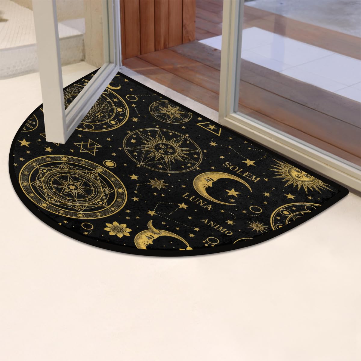 Half Circle Door Mat - Gothic Celestial Sun Moon Absorbent Non-Slip Half Round Entryway Area Rug - Soft Cute Semicircular Washable Carpet for Bathroom Bedroom Kitchen, 36"x24"