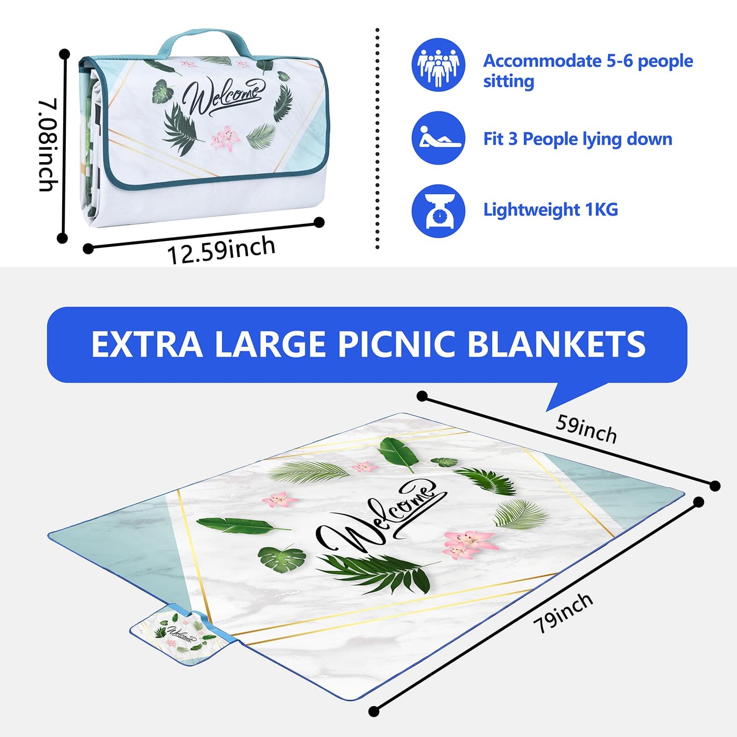 DanCoom Picnic Blanket, Foldable Waterproof Sand Mat, Extra Large Picnic Blanket Outdoor Picnic Mat Beach Blanket for Park Grass Camping Hiking Travel Family Concerts