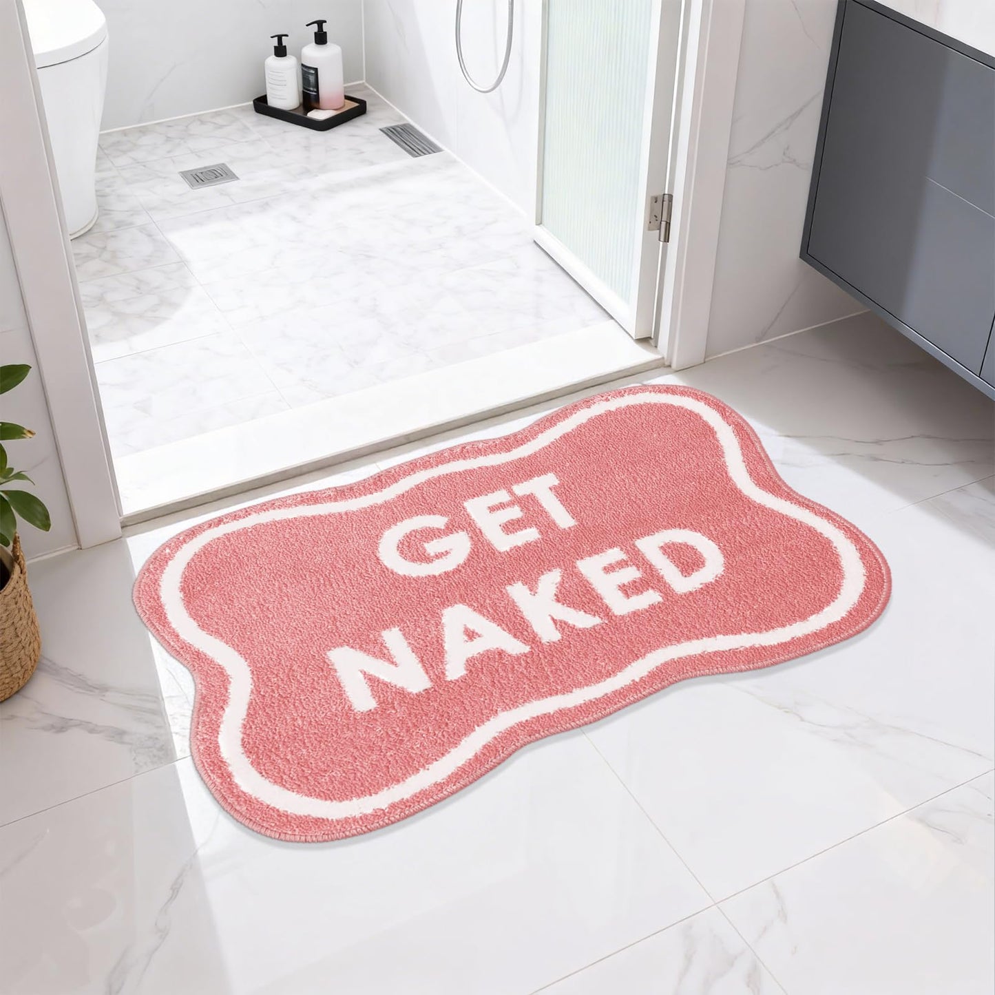 BSSN Get Naked Bath Mat, 16" x 24" Cute Pink Bathroom Rug, Ultra Absorbent Microfiber Tufted Bath Mat, Non-Slip & Machine Washable, Small Fun Aesthetic Decor Rug for Bathroom, Shower, Sink