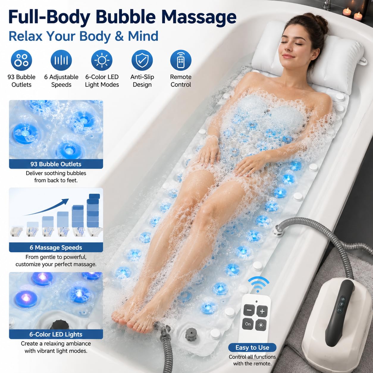 Bubble Bath Mat for Bathtub Spa, Full Body Hydrotherapy Massager with 6 Bubble Speeds & 6-Color LED Lights, Non-Slip Suction Cups, Remote Control & Inflatable Bath Pillow for Stress Relief