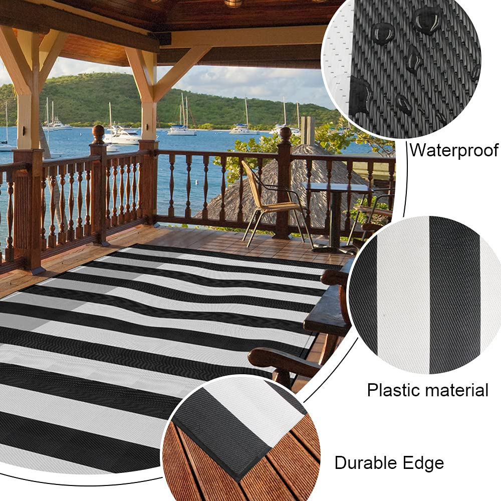 Pcinfuns Plastic Straw Rug,6'x9' Outdoor Waterproof Patio Rugs Foldable Reversible Camping Mat for Rv, Deck, Porch, Picnic, Beach, Balcony,Black & White