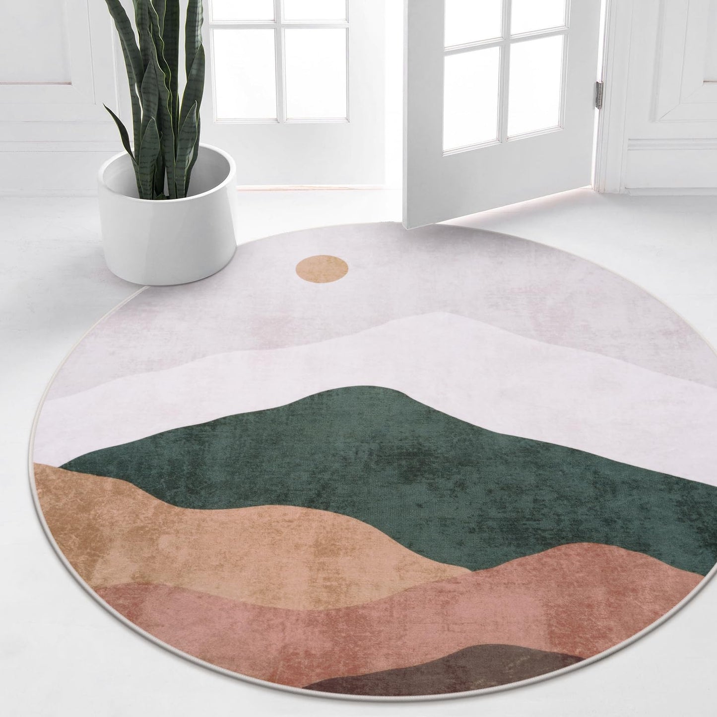 Sungea 4ft Abstract Round Rug,Soft Washable Non-Slip Sun and Mountain Circle Kids Room Rugs,Chic Faux Wool Low-Pile Circular Throw Rugs for Entryway/Bedroom/Nursery/Living Room/Bathroom(Grey)