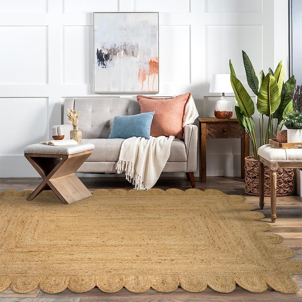 GRUHUM Scalloped Jute Area Rugs 8x10ft Rectangular Natural Fiber Handwoven Soft Braided Rustic Vintage EcoFriendly Rug- Farmhouse Indoor EcoFriendly Livingroom Bedroom Kitchen Hallways 8x10 Rectangle