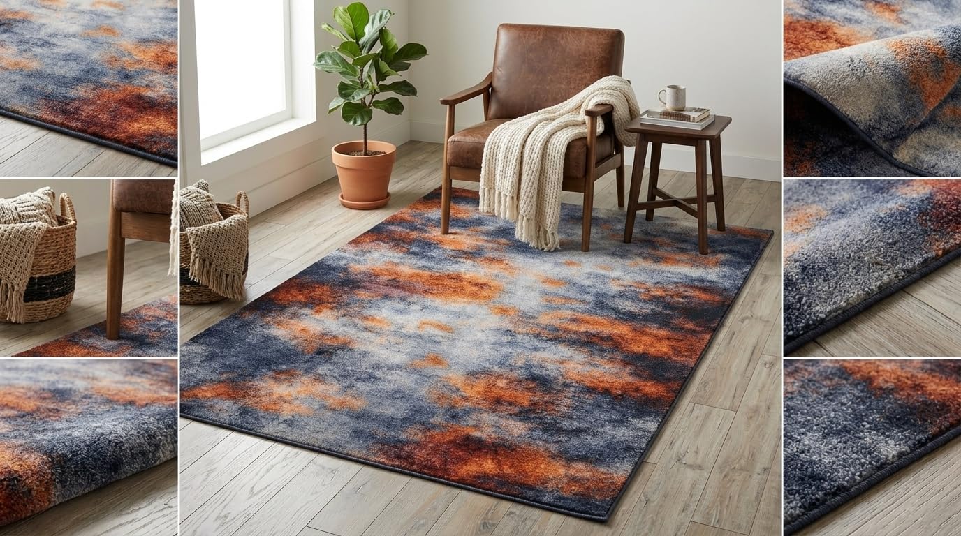 ERYATOU 5x7 Area Rug, Modern Abstract Smoke Cloud Area Rug in Orange and Gray, Washable Non-Slip Low Pile Soft Friendly Carpet for Living Room, Bedroom, Study Room