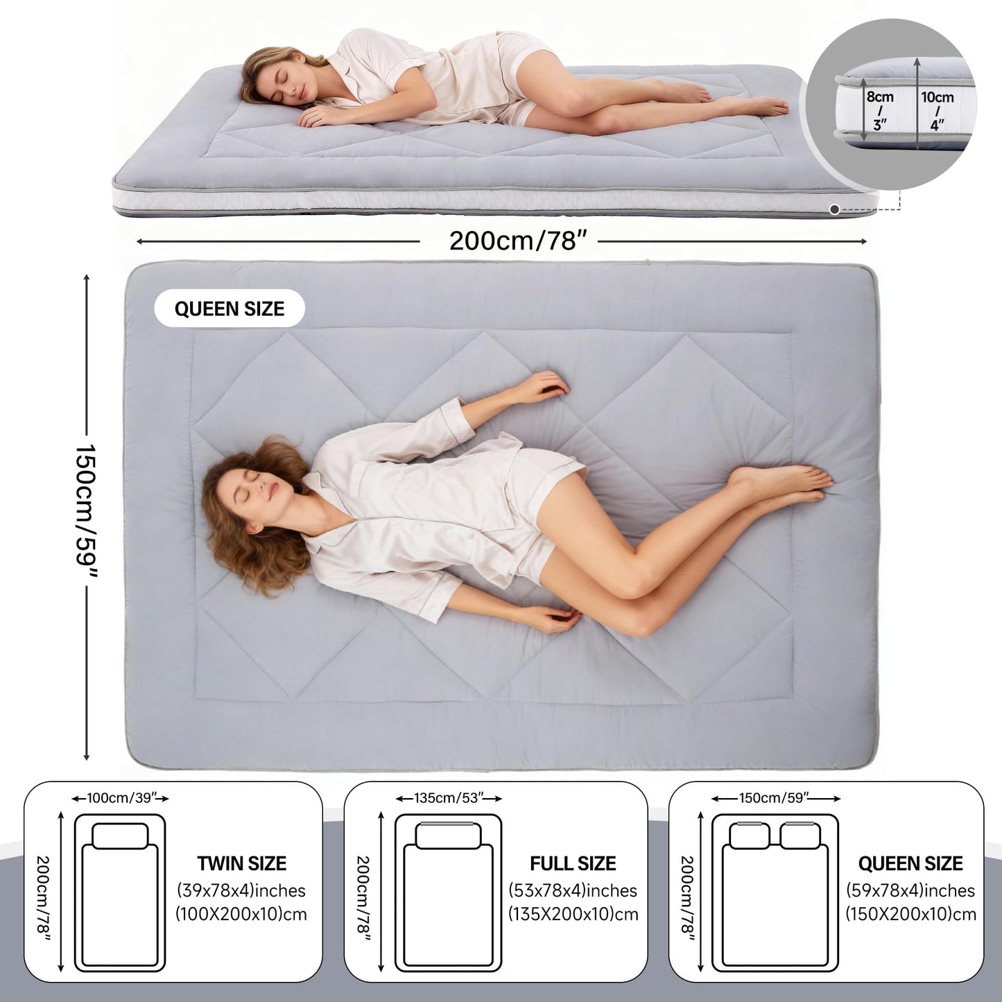 Welnow Japanese Futon Floor Mattress, Thick Queen Size Tatami Mat Portable & Foldable Roll Up Floor Bed Mattress with Storage Bag, Sleeping Pad for Adults, Dorm, Guest Bed, Camping and Travel, Grey