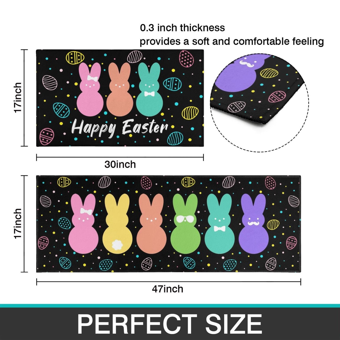 Qeenking Cute Easter Rabbit Farmhouse Kitchen Rugs Sets of 2, Black Bunny Washable Anti Fatigue Runner Mats for Floor, Non Slip Holiday Decor Mat for Sink, Laundry, Office 17"x 47"+17"x 30"
