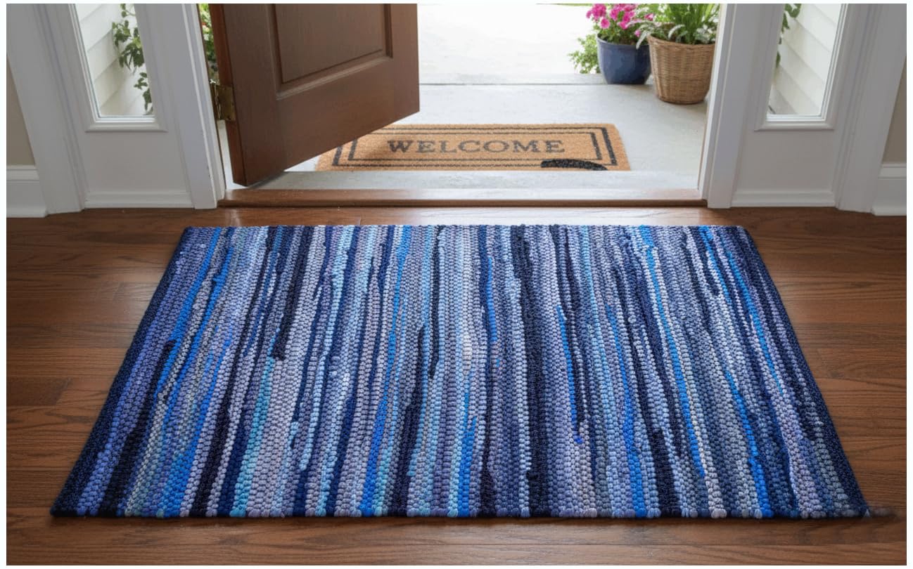 Savi Home Hand Woven 100% Cotton Chindi Rag Rug 20"x32" - Navy, Recycled Reversible Rug, Boho Farmhouse Rugs for Living Room, Dining Room, Kitchen, Entryway, Bedroom Rugs
