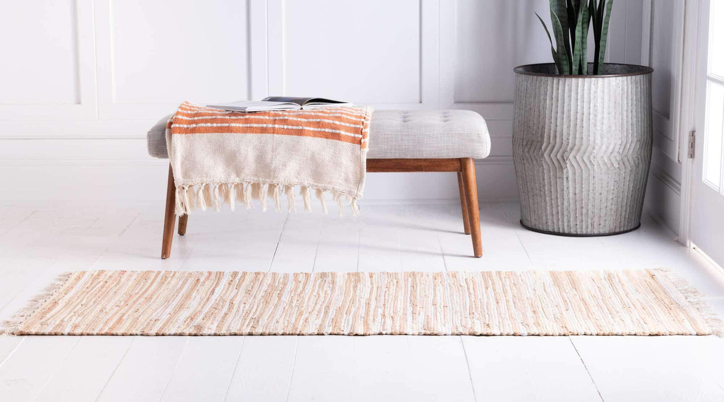 Unique Loom Chindi Cotton Collection Soft Hand Woven Natural Fiber Striped Area Rug, 2 ft x 6 ft, Beige/Ivory