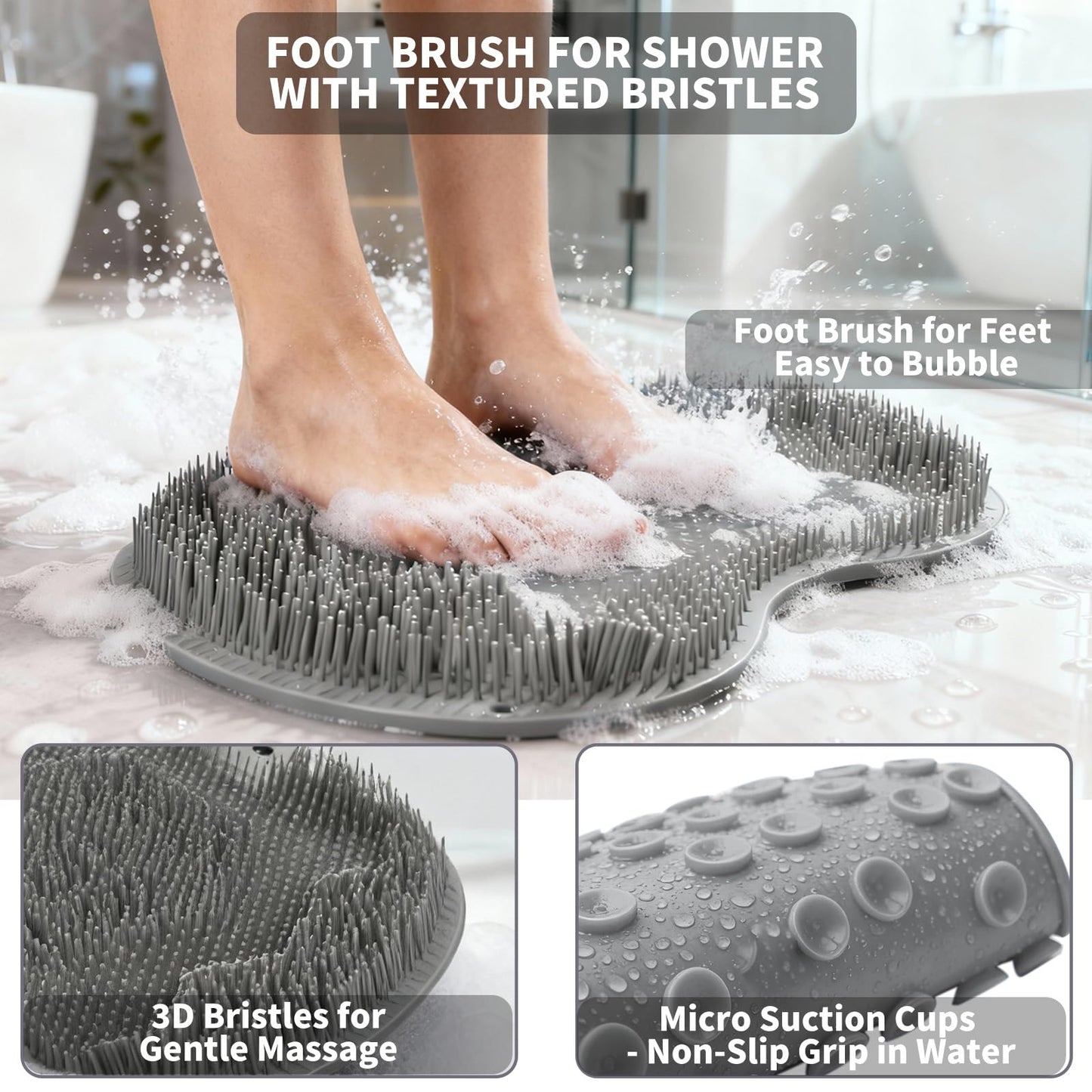 Merleu Shower Foot Scrubber Mat with 3 Types of Upgraded Brushes for Massage, Shower Back Scrubber with Micro Suction Cups,Back Washer,Shower Scrubber for Body at Home Spa (Gray)