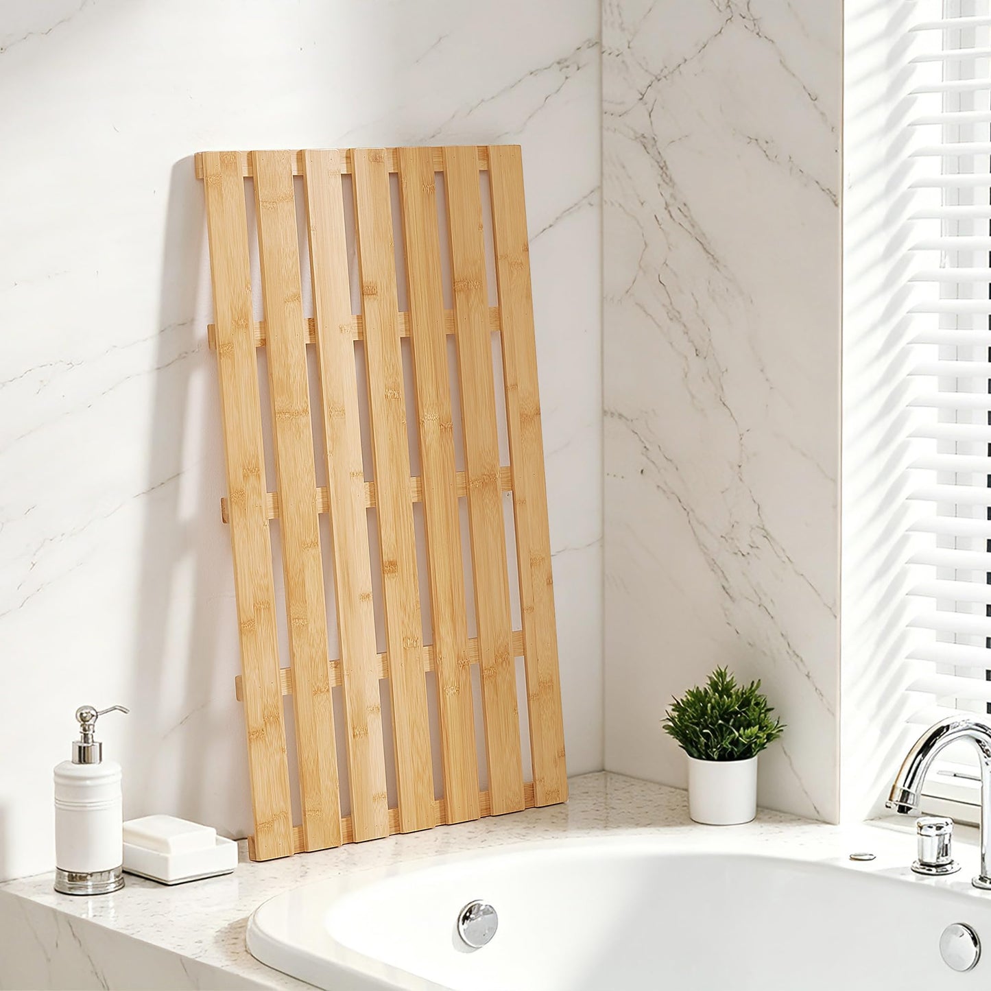 Yampos Bamboo Bath Mat, Non-Slip Waterproof Shower Mat with Rubber Feet Luxury Spa-Grade Wooden Floor Mat for Bathroom, Bathtub, Sauna, Indoor & Outdoor Use