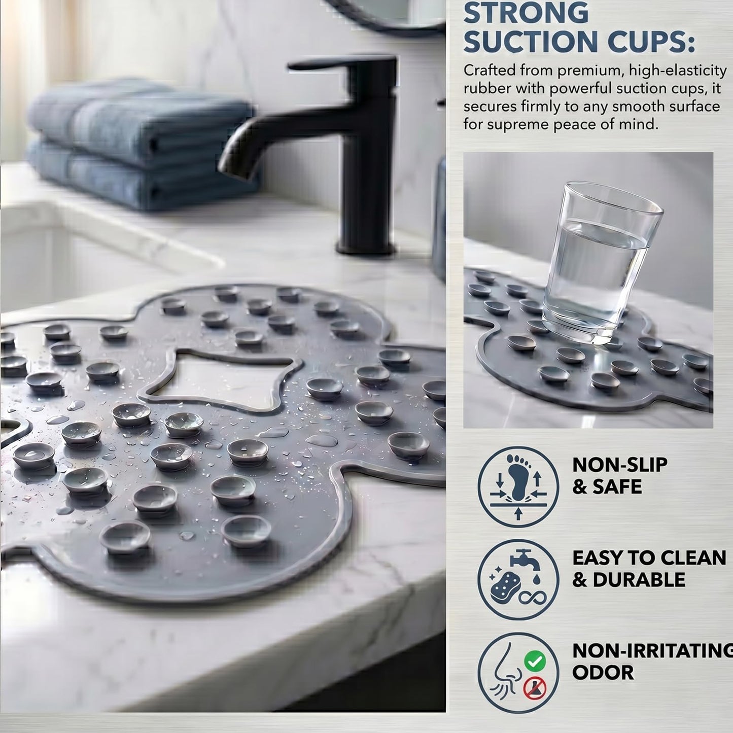 Webos Patented Non Slip Bathtub Mat Shower Mat Bath Mat Tub Mats with Strong Suction Cups Soft Natural Rubber Bath Mat for Inside The tub (Circle-Grey, 28x16 inch)
