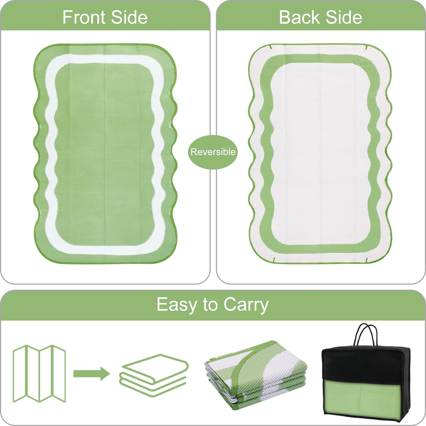 Uphome Outdoor Rug Waterproof 6x9, Reversible Green Scalloped Patio Plastic Straw Rugs, Foldable Modern RV Camping Outside Carpet Mat for Pool Back Yard Deck Picnic, 6 x 9 ft