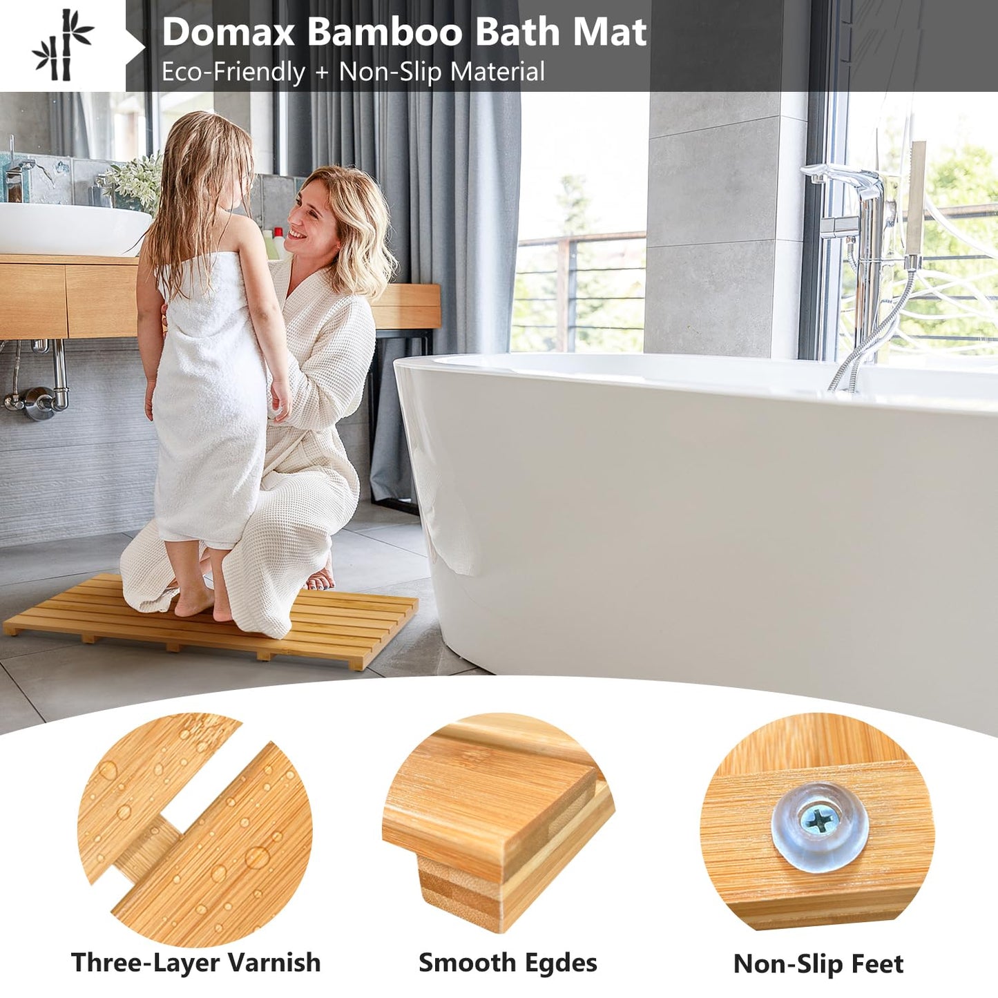 Domax Wooden Bamboo Bath Shower Mat- Non-Slip Waterproof Large Bathroom Floor Mat for Indoor Outdoor (Natural, 31.3 x 18.1 x 1.5 Inches)