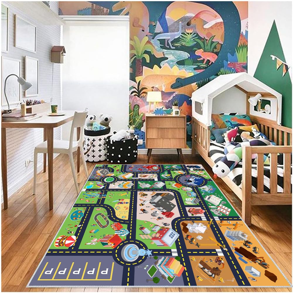 Pyrrhite Kids Rug Playroom Car Play Mat City Life Road Rug for Cars Fun City Map for Track Toys, Carpet for Bedroom Boys (City, 31×47in)