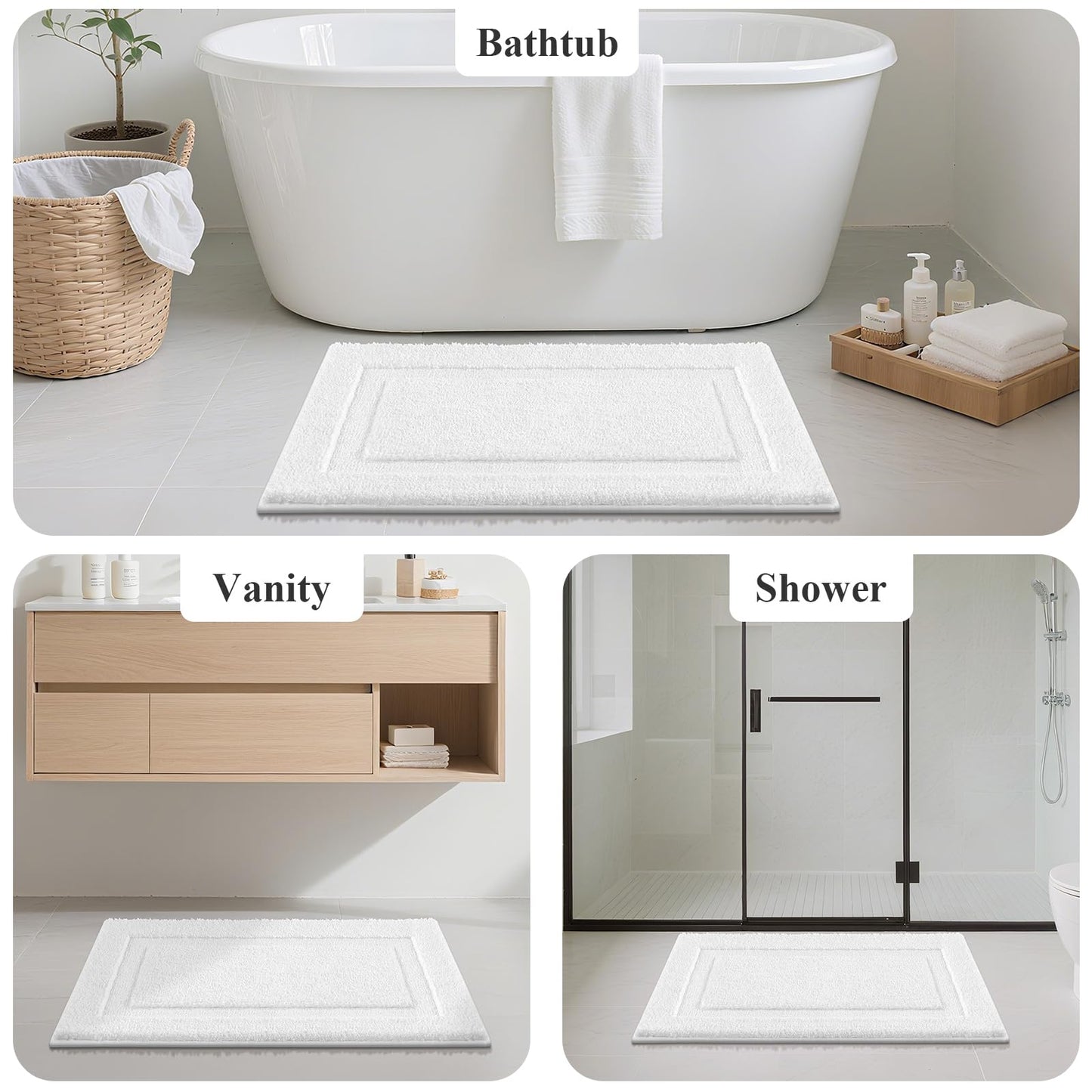 SHACOS Large Soft Bathroom Rugs 24"x60" Long Bath Runners Non Slip Washable Absorbent Bath Mats Carpets Bathroom Tub Double Sink Vanity Floor Mats, White 2'x5'
