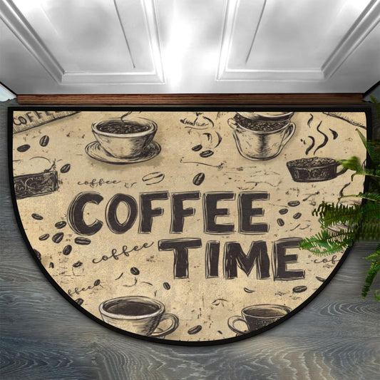 DOHOATU Half Round Door Mat, Coffee Time Half Circle Rug for Home Decor Floor Indoor Outdoor Non-Slip Washable Floral Half Moon Rug Doormat 36X24 Inch