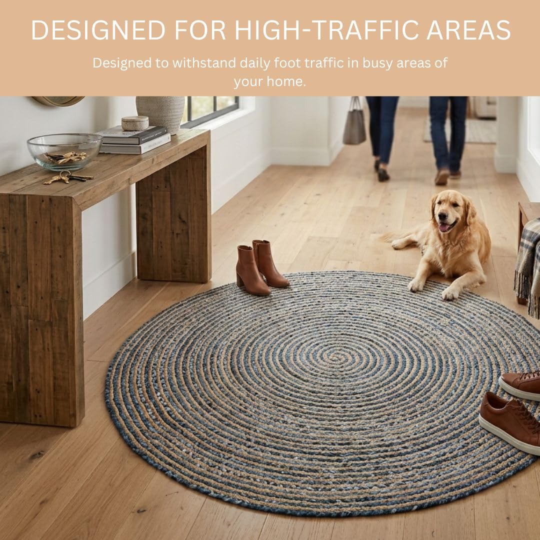 WeWove Hand Woven Area Rug 6 Feet Round - Jute Denim Area Rug Rustic Farmhouse Boho Accent Rug for Living Room Bedroom Kitchen Dorm Entryway Hallway - Handcrafted Floor Rug