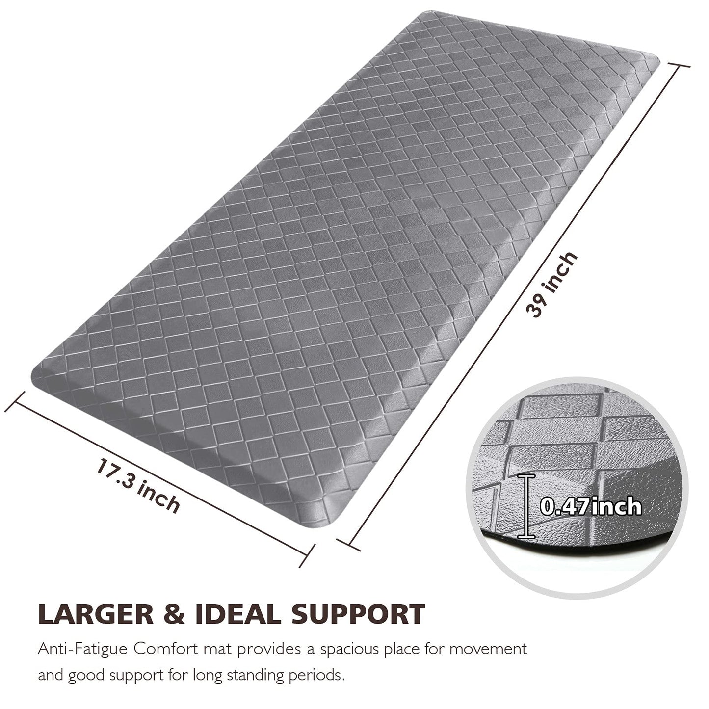 HappyTrends Kitchen Mat Cushioned Anti-Fatigue Kitchen Rug,17.3"x39",Thick Waterproof Non-Slip Kitchen Mats and Rugs Heavy Duty Ergonomic Comfort Rug for Kitchen,Floor,Office,Sink,Laundry,Gray