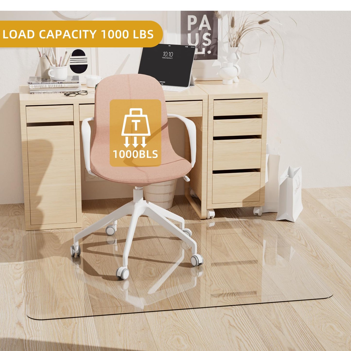 [Tempered Glass] Glass Office Chair Mat for Carpet Heavy 57" x 42"-1/5" Thick Premium Tempered Glass Duty Hard Glass Chair Mats -for Office Chair on Carpet or Hard Floor with 4 Anti-Slip Pads