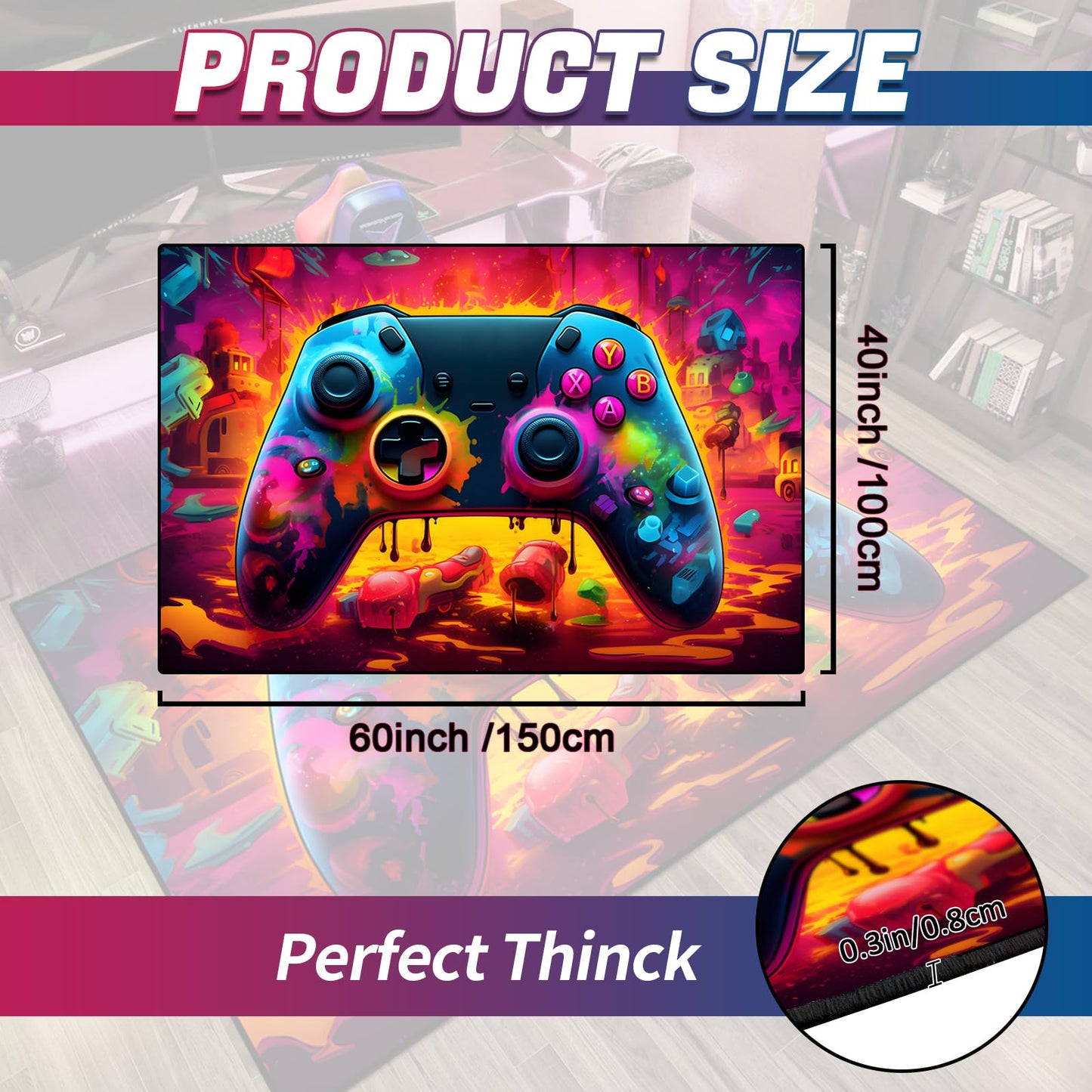 Gaming Area Rug Teen Boys Carpet, Lava Design Gamepad and Colorful Bomb Background Game Controller Design for Game Room, Gaming Room, Boys Girls Bedroom Playroom, Living Room (60"x40" - 150x100cm)