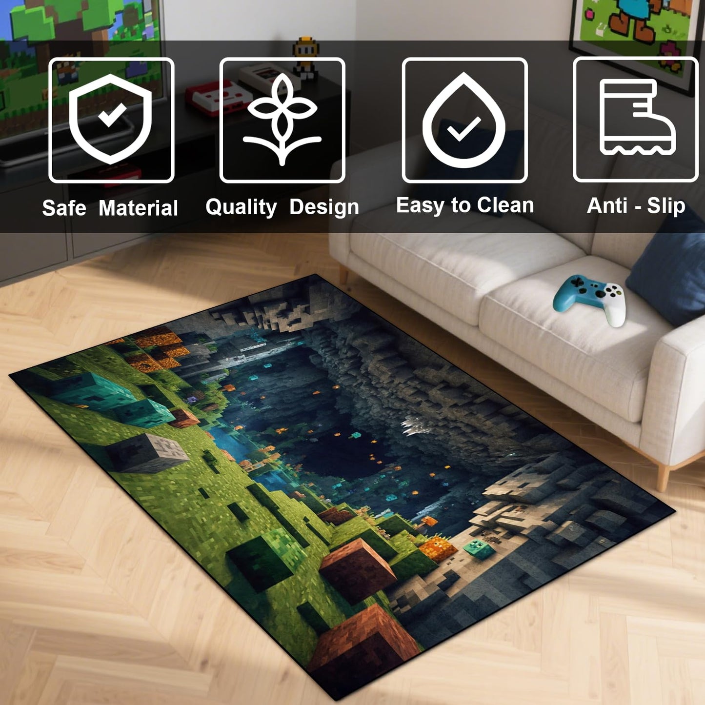 Block Game Rug Teen Kids Carpet, Pixel Games Scene Decoration Mat, Washable Game Rugs for Boy’s Bedroom Living Room Playroom, Non-Slip Children Gaming Area Rugs (Green Grass Karst Cave, 60" x 40")