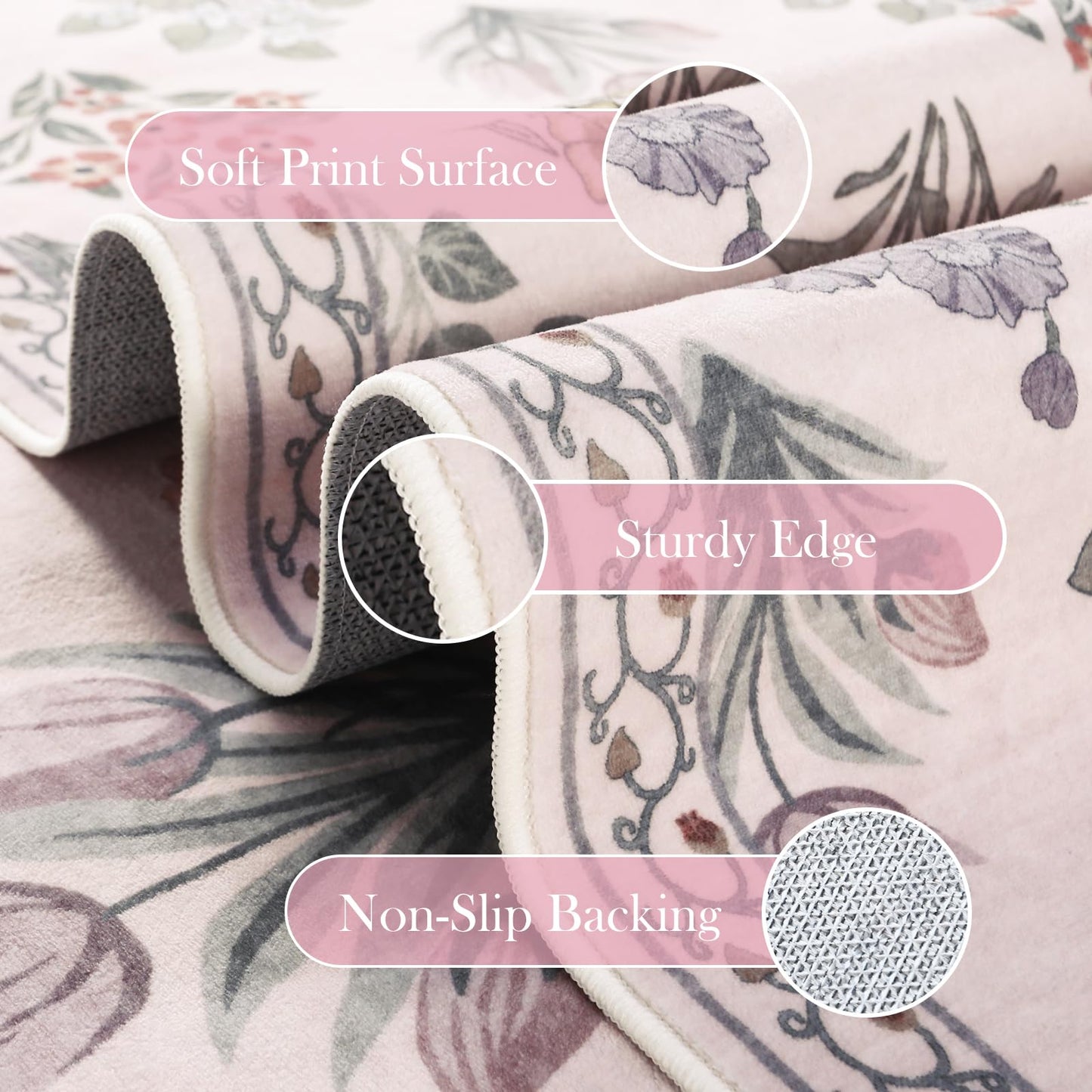 Wonnitar Pink Rugs for Bedroom Girls Nursery, Floral Print 5x7 Washable Rug, Boho Ultra-Thin Non Slip Soft Cozy Carpet for Room Decor Kids Playroom Office Living Room, Pale Pink
