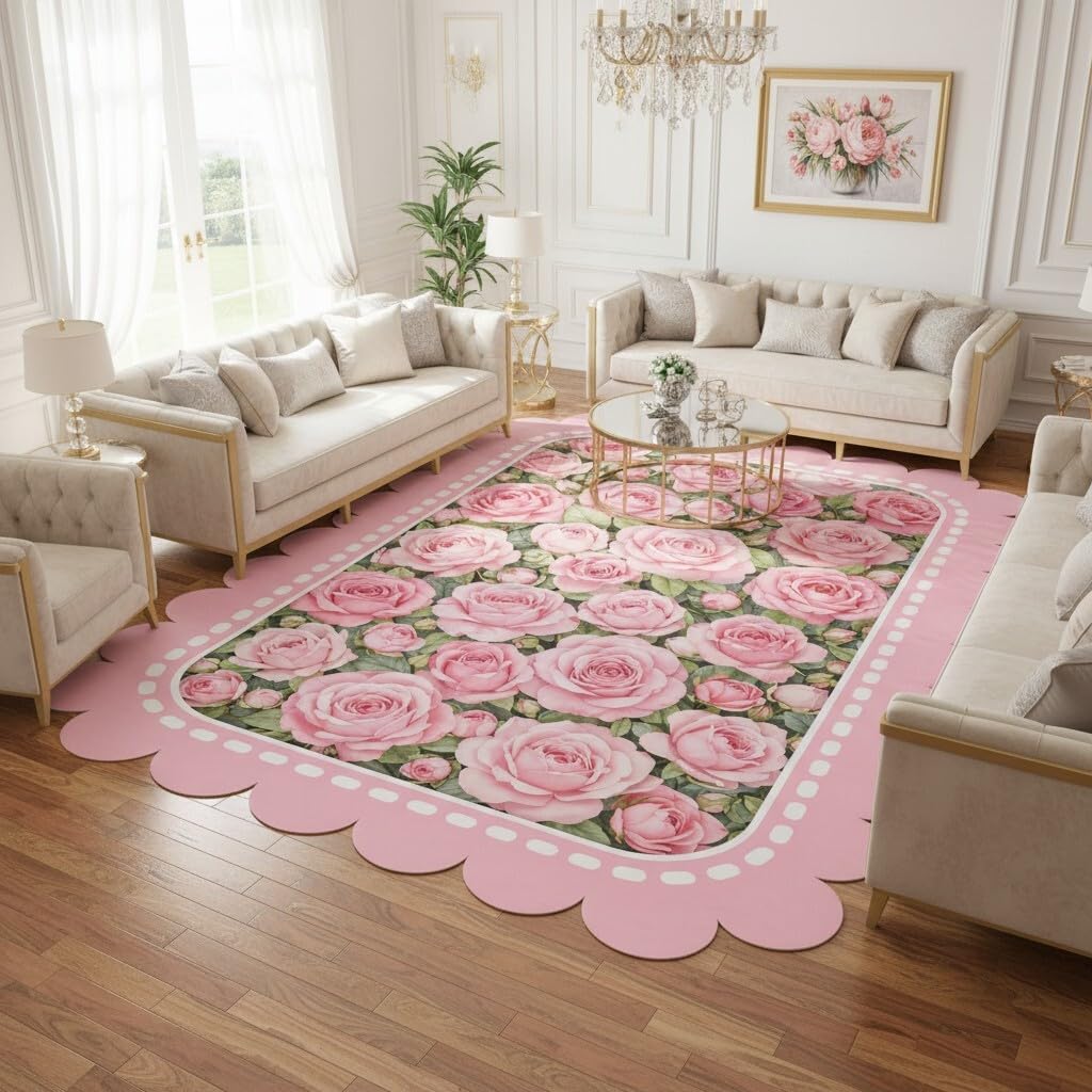 FVPSORBAT Pink Floral Washable Rugs 3x5 Scalloped Edge Rug Modern Geometric Border Flower Rugs for Living Room Bedroom Guestroom Farmhouse Nursery College Dorm Office Lightweight Non Slip Area Rug