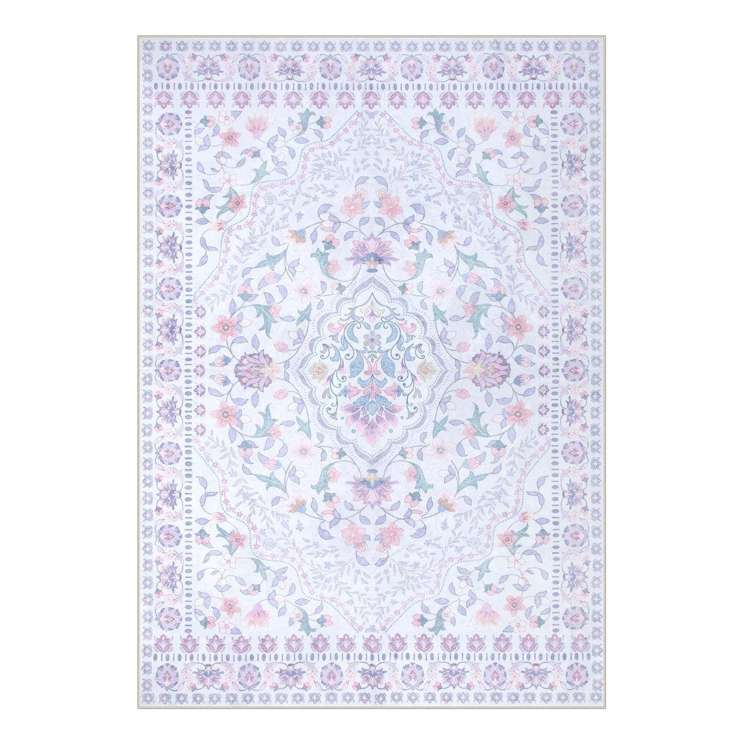 Wonnitar Floral Purple Rug for Bedroom, 8x10 Washable Rugs for Nursery Girls, Boho Low Pile Soft Non Slip Carpet for Dorm Living Room Playroom Home Decor, Pale Purple