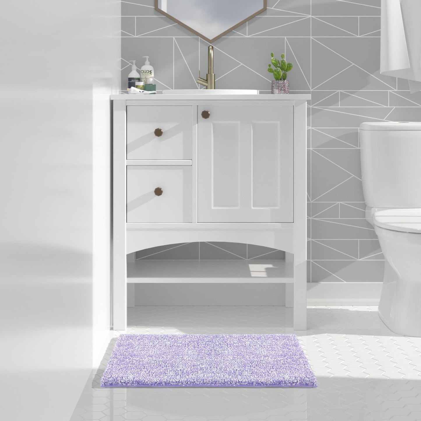 Yimobra Cushioned Anti-Fatigue Bathroom Rug, Bath Mat Non Slip Washable, Dense Soft Microfiber for Bathroom Sink, Shower, Tired Feet Comfort, Absorbent, 24" X 17", Purple and White