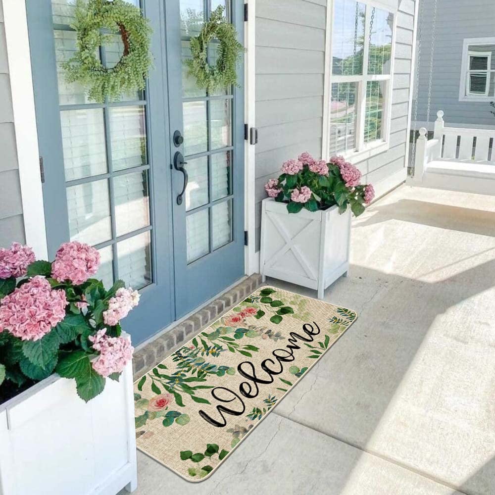 ORTIGIA Welcome Outdoor Doormat Indoor Patio Spring Eucalyptus Leaves Door Mats Non-Slip Durable Entrance Mat for Home Entrance, Outside Entry, Yard, Floor, Patio 17x36INCH