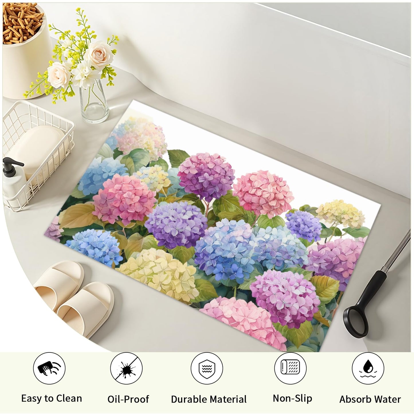 Kwlegh Hydrangea Bath Rug Spring Summer Bath Mat 20x32 Inch Purple Pink Blue Hydrangea Flowers Bathroom Rug Non Slip Absorbent Doormat for Bathroom Entryway Living Room