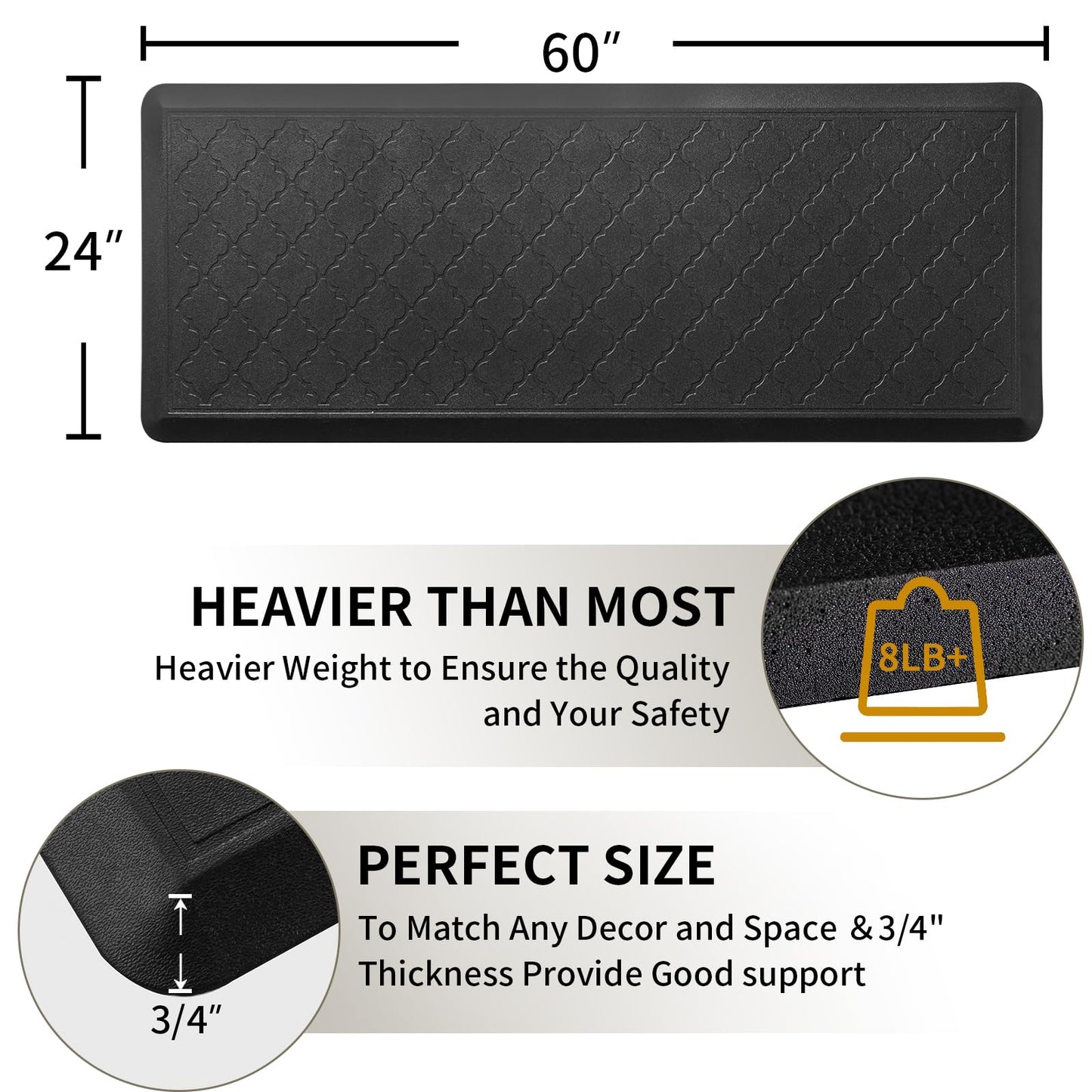 24 x 60 Inch Extra Support Anti Fatigue Comfort Kitchen Mat, Waterproof Long Kitchen Runner, Non-Slip Standing Desk Mat, Commercial Pads for Offices, Home, Garages (Barcelona Black, 24'' x 60'')