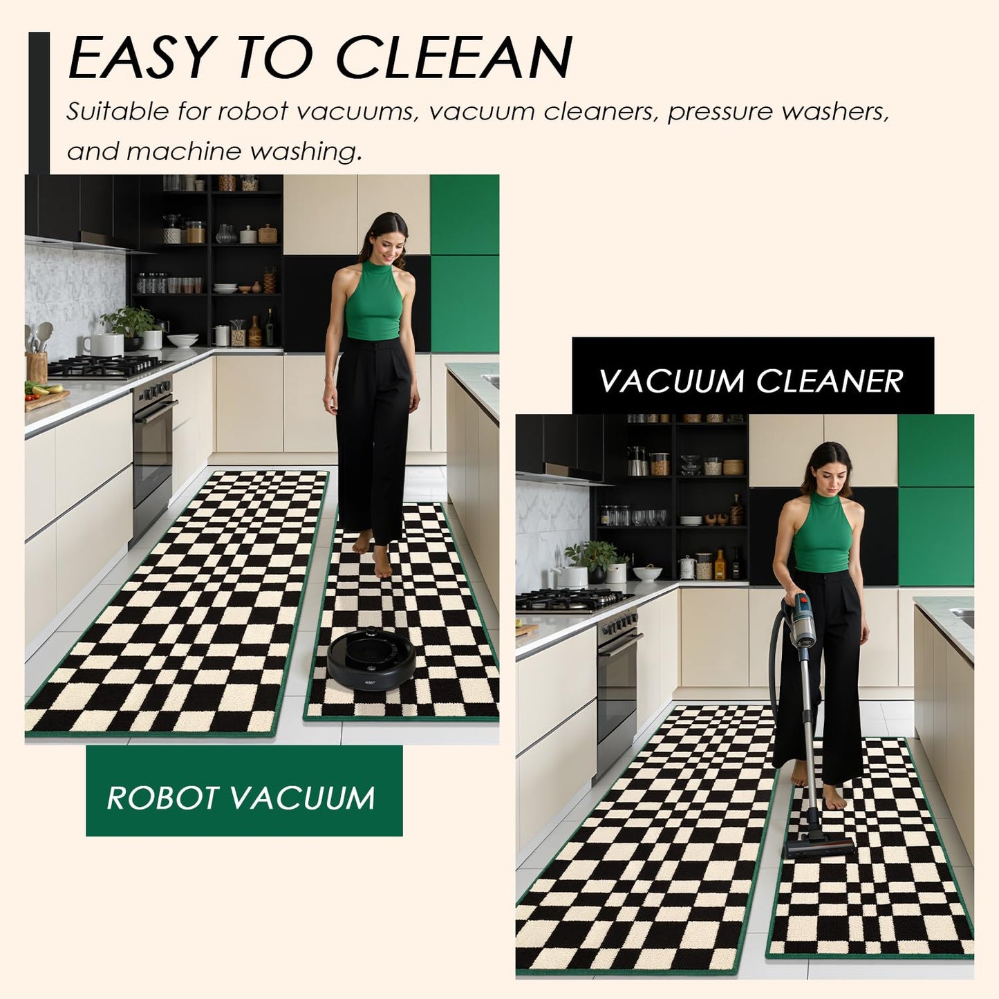 hicorfe Checkered Grid Checkerboard Kitchen Rugs,Set of 2 Non Slip Kitchen Mats for Floor,Washable Kitchen Runner Rugs Carpets for Hallways Entryway Laundry Room(20"x48"+21"x59",Black)