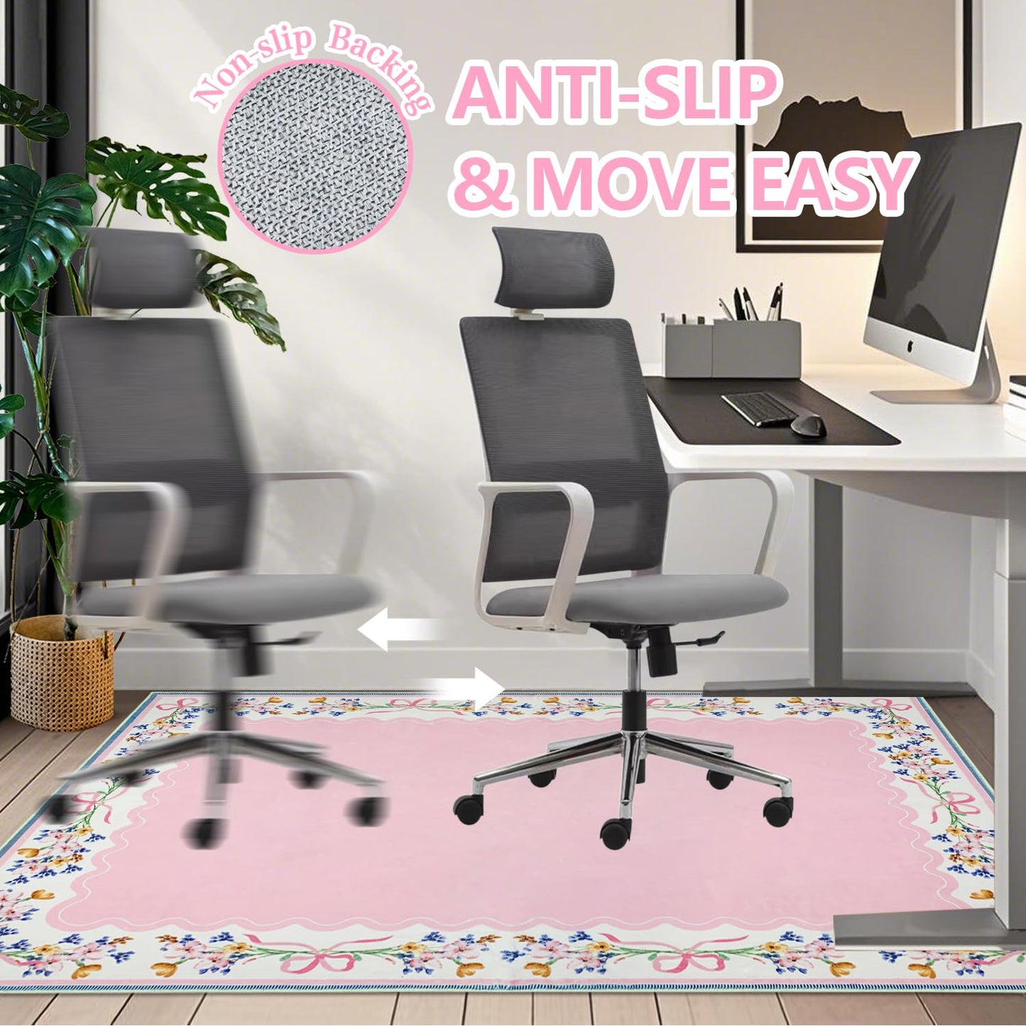yueyaer Office Chair Mat for Hardwood/Tile Floor, 36"x48"Desk Chair Mat for Rolling, Non Slip Under TPR Backing Low-Pile Rug(Pink Bow Flower EA)
