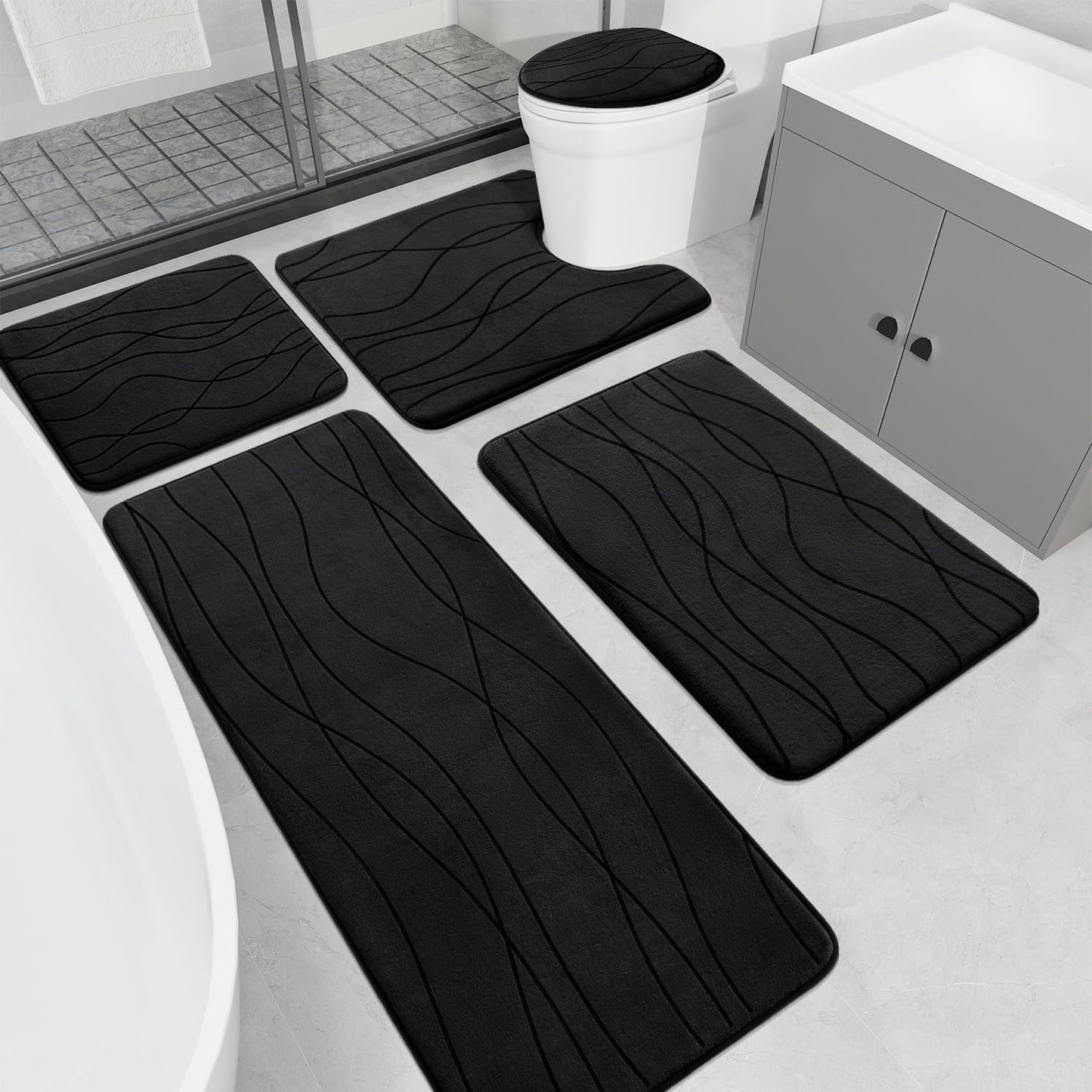 YIHOUSE Memory Foam Bathroom Rug Sets, Black, 5 Piece