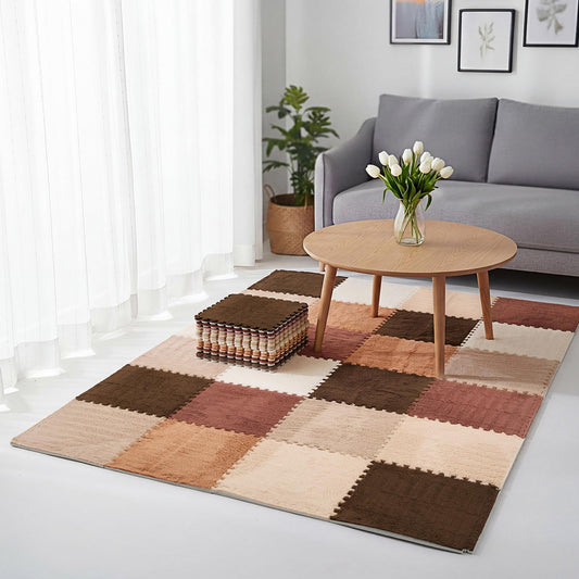 Tinideya 18 Pcs Plush Interlocking Carpet Tiles, 12 x 12 x 0.4 Inch EVA Foam Puzzle Mat Squares, Soft Washable Anti Slip Floor Mat for Bedroom, Nursery, Playroom, Living Room, Farmhouse Colors