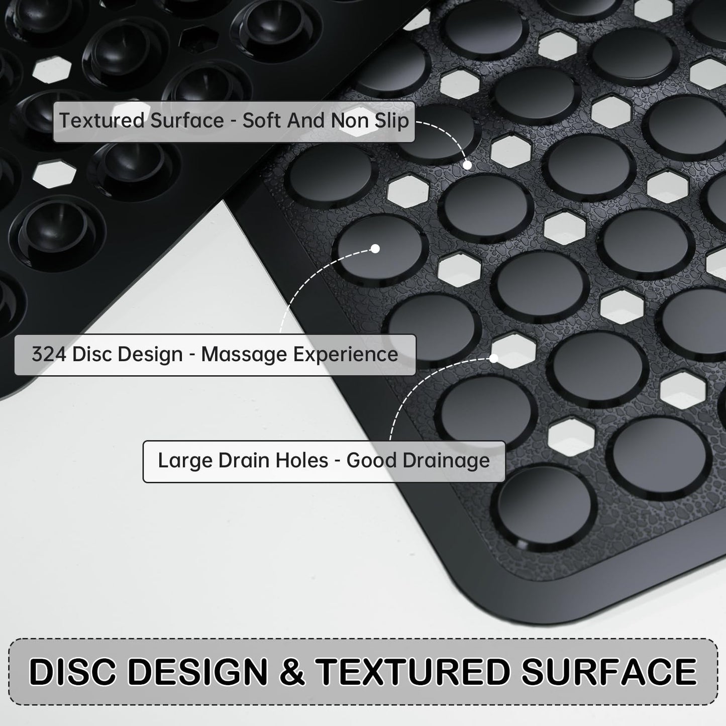 Linoows Non-Slip Bathtub and Shower Mats, Power Grip Bath Mat 35 x 16.3 Inch with Suction Cups and Drain Holes for Tub Bathroom Floor Safety, Machine Washable Soft Bathmat, Black