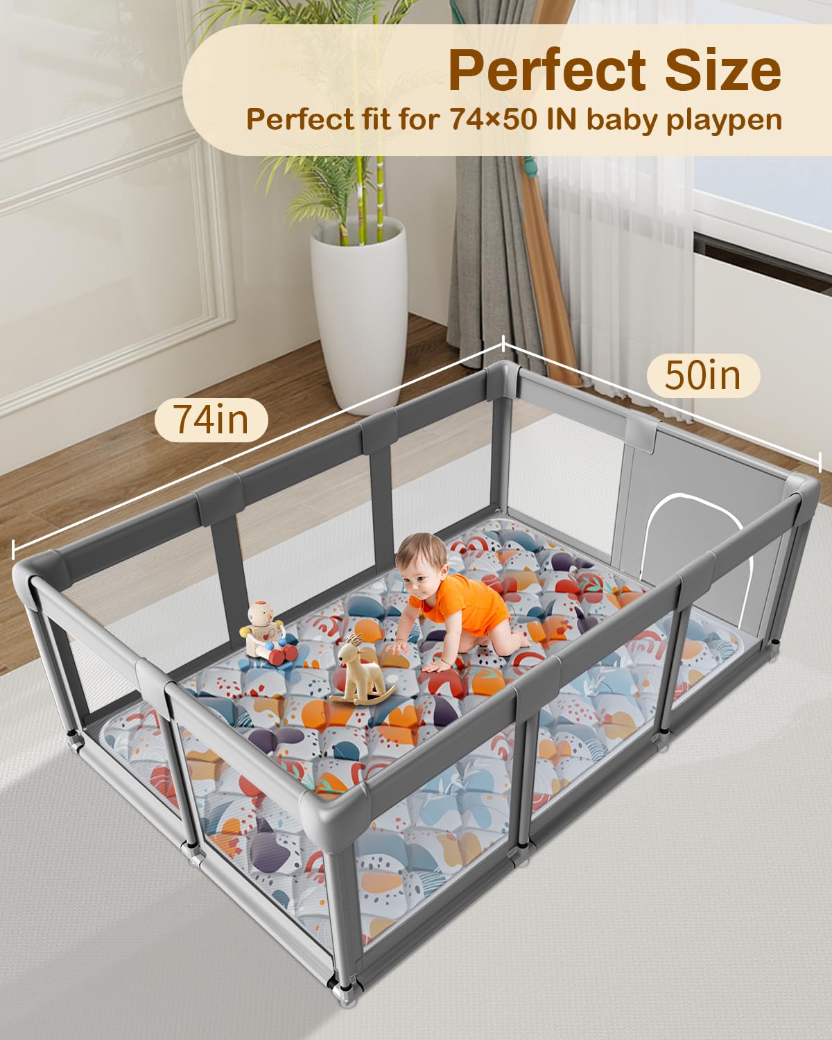 Jaobeem Baby Play Mats for Floor, Foldable 74x50 Playpen Mat Grey, Thicken Cushioning Padding Playmate for Baby and Toddlers Infants, Non-Slip, Machine Washable, Easy to Store