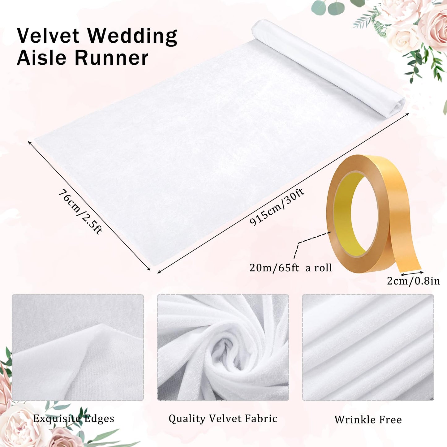 Breling White Wedding Aisle Runner 2.5ft x 30ft Outdoor Velvet Aisle Runner for Wedding Ceremony with Carpet Tapes Velvet Fabric Floor Rugs Accessories for Birthday Party Events Bridal Walkway Rug