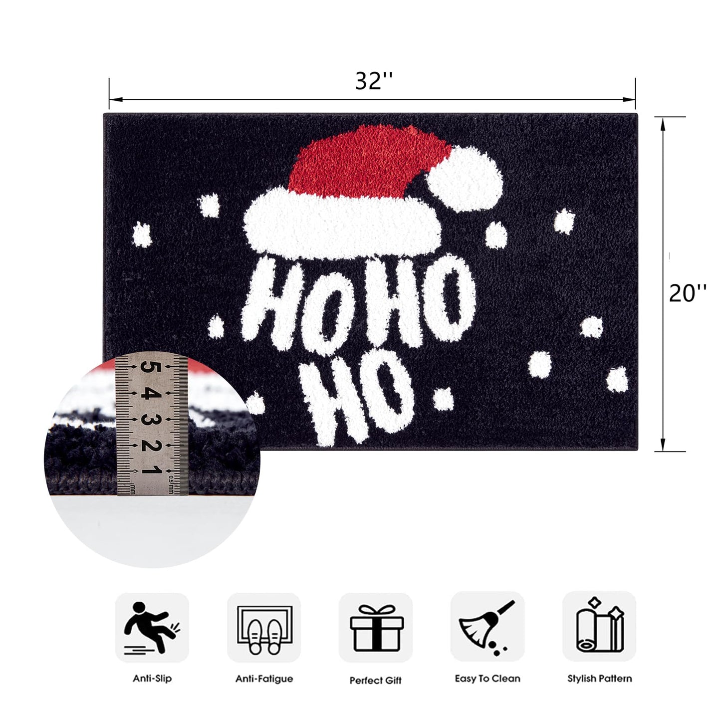 Ho Ho Ho Christmas Holiday Bath mat Washable Non Slip, 20’’W x 32’’L Santa Claus Festive Christmas Hat Bathroom Rugs Decor, Absorbent Shaggy Microfiber Xmas Winter Snow Bath Rug Shower Floor Mat